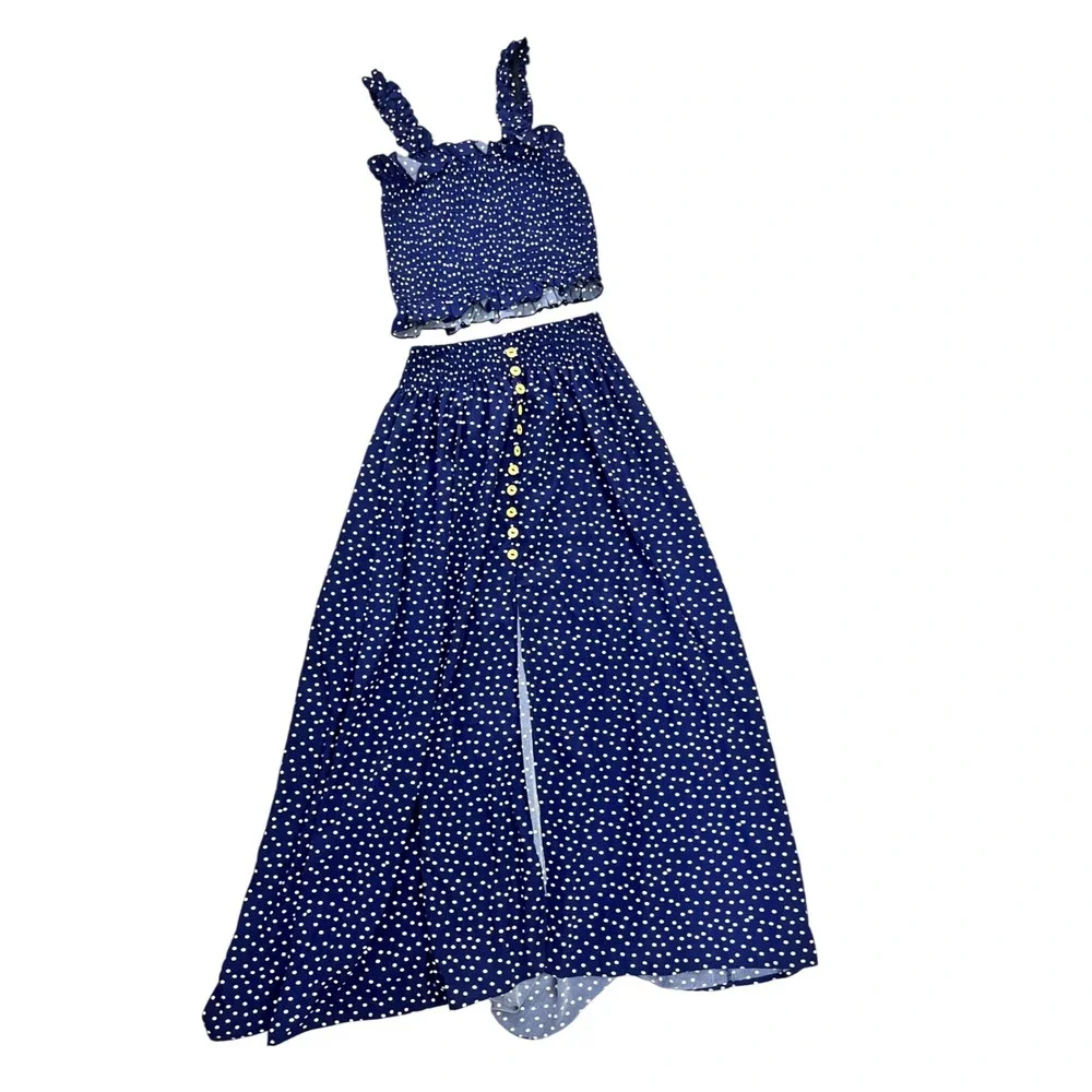 SHEIN Womens Navy Blue Polka Dot Two Piece Set Smocked Crop Top Maxi Skirt Small